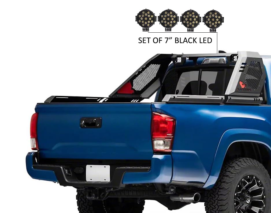 Vigor Roll Bar Black Horse incl. Pair of 7.0" Dia. LED Lights w/Black Trim Rings Modular Black Compatible with 2005-2024 Toyota Tacoma-VIRB06B-PLB