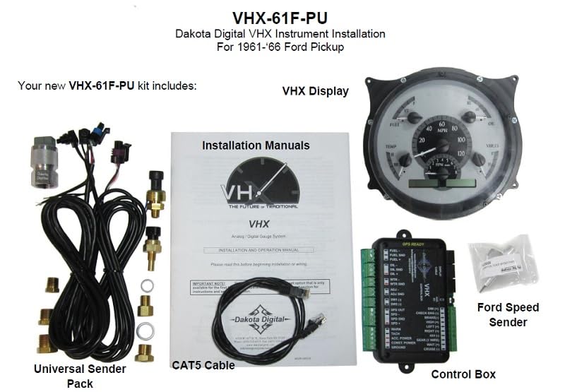 Dakota Digital VHX-61F-PU-K-R Analog Dash Gauge System Compatible with 1961-66 Ford Pickup Truck Black Alloy Red Backlighting