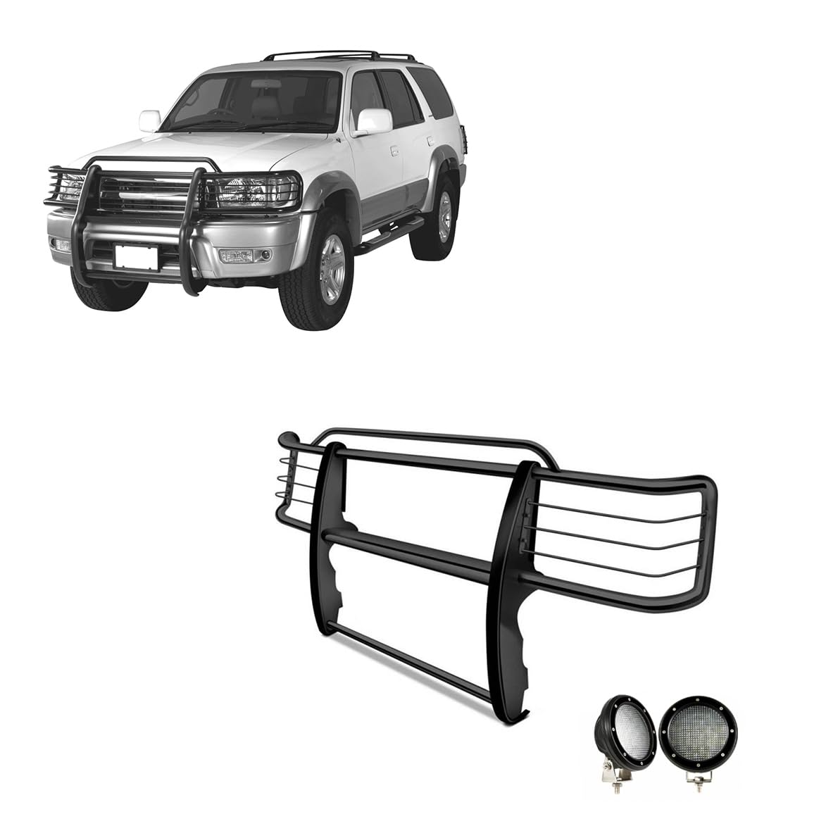 Bumper Guard Black Horse Grille Brush Modular Black Come with Pair of 5.3" Dia.LED Lights with Black Trim Rings Compatible with 1999-2002 Toyota 4Runner-17TN23MA-PLFB