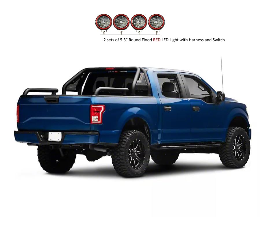 Gladiator Black Horse Roll Bar Incl. Set of 5.3" Dia.Led Lights w/Red Trim Rings Modular Black Compatible with Universal Roll Bar for 1/2 Ton Trucks (GM-Ford-Dodge- Tundra) -GLRB-01B-PLFR