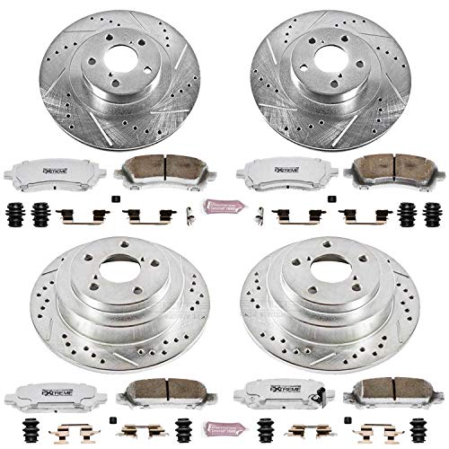 Power Stop Z26 Carbon Fiber Brake Pads with Drilled & Slotted Brake Rotors Kit For Subaru Impreza Front and Rear 2002-2003 [Model Specific]