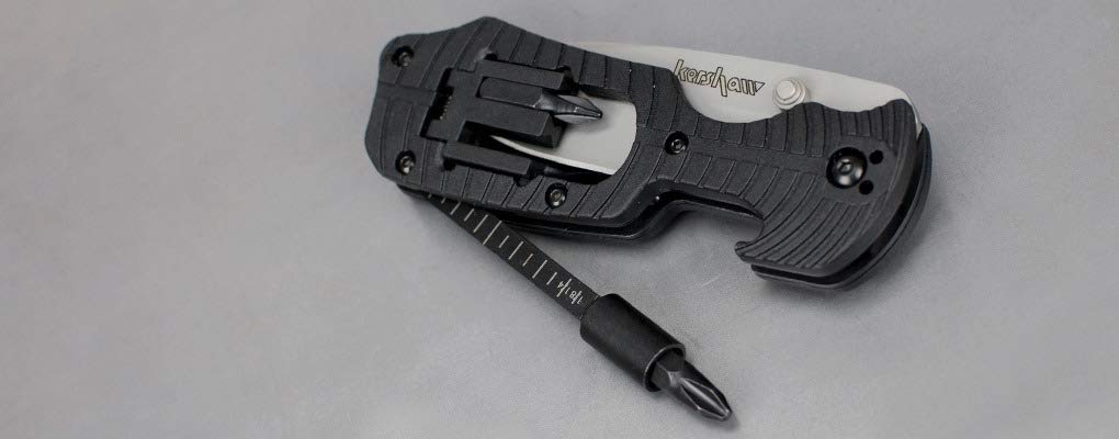 Select Fire Kershaw (1920); Multifunction Pocketknife with 3.4-Inch 8Cr13MoV Stainless Steel Blade, Black Glass-Filled Nylon Handle, 1/4-Inch Hex Drive, 2 Flathead Bits and 2 Crosshead Bits; 5 oz.