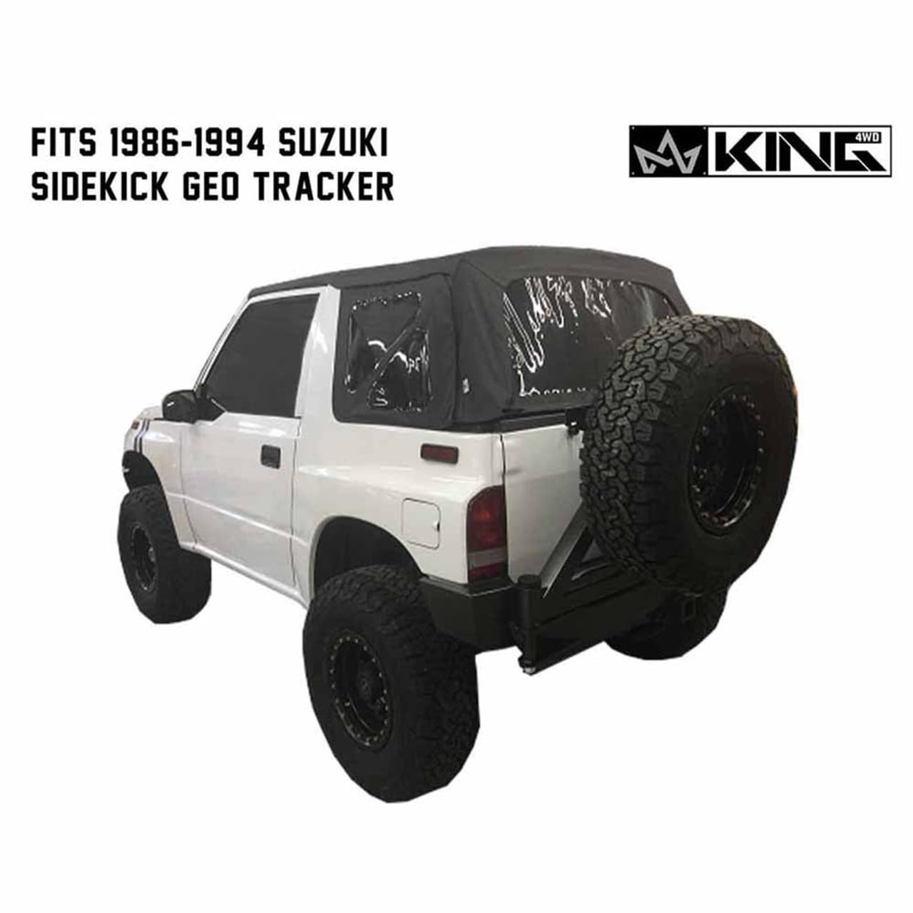 4WD King Premium Replacement Soft Top, Black Diamond with 31% Tinted Windows - Suitable for 1986-1994 Suzuki Sidekick and GEO Tracker - 24oz Marine Grade Waterproof UV Stable Two Layer Fabric