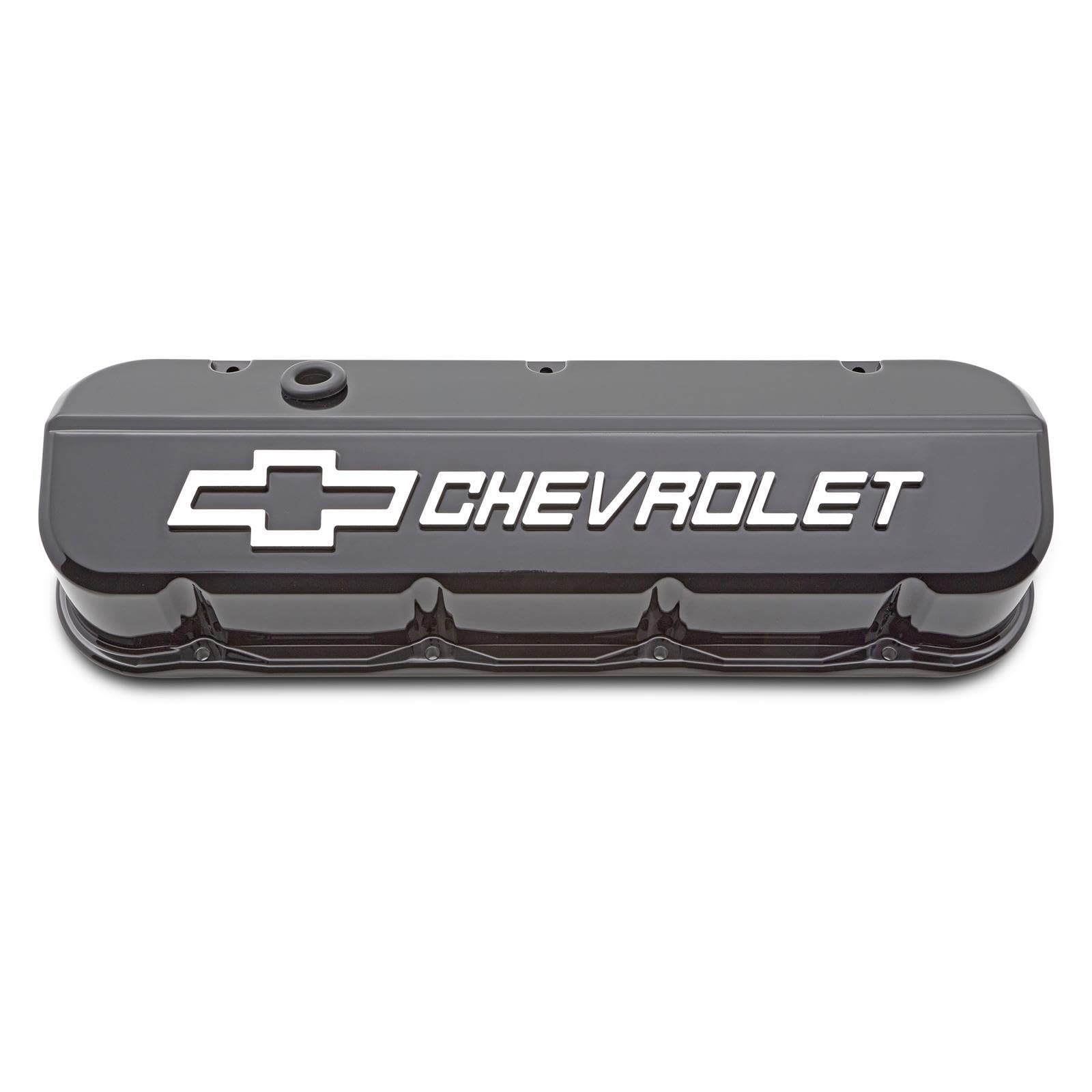 Proform Slant-Edge Valve Cover, Tall, Baffled, Breather Hole, Raised Chevrolet Logo, Aluminum, Black Paint