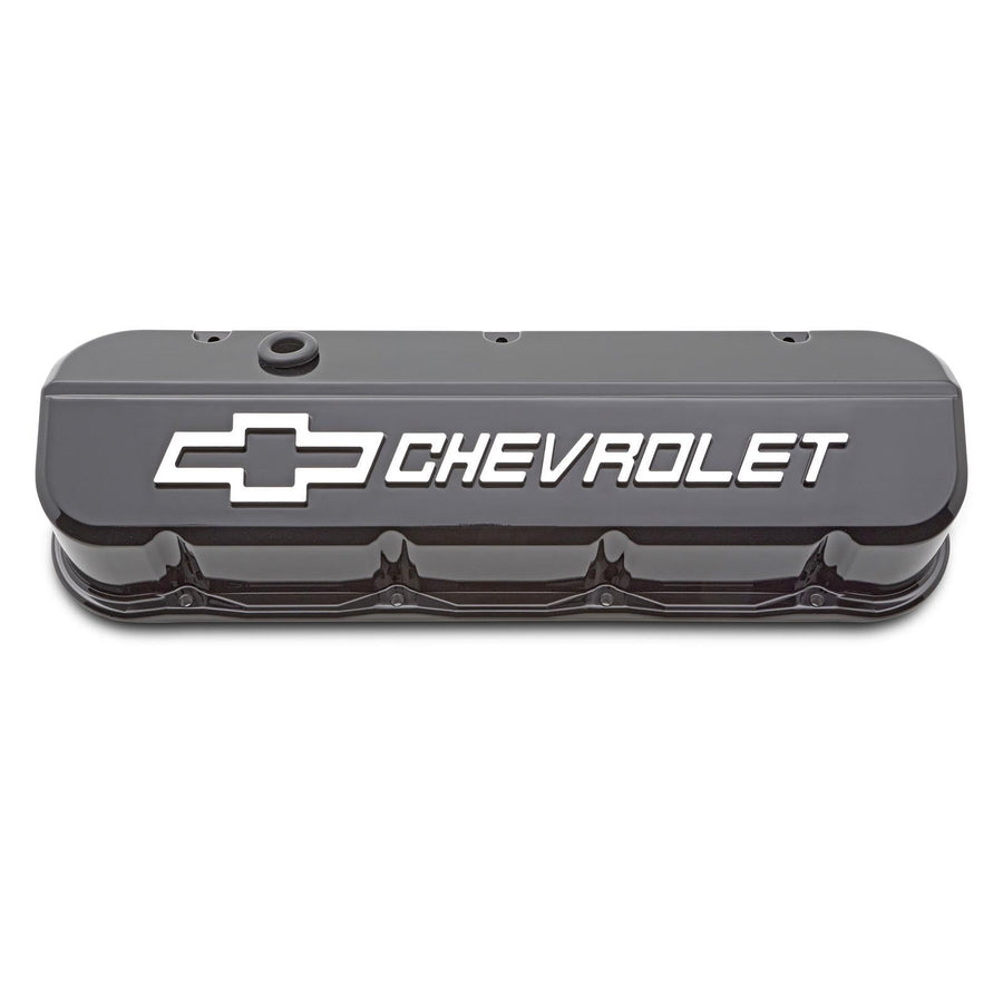 Proform Slant-Edge Valve Cover, Tall, Baffled, Breather Hole, Raised Chevrolet Logo, Aluminum, Black Paint