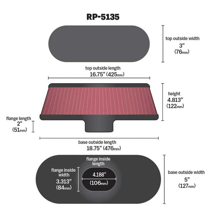 High-Flow K&N Original Lifetime Universal Air Filter - Carbon Fiber Top and Base: High Performance, Premium, Washable: Filter Height: 4.8125 In, Flange Length: 2 In, Shape: Oval Straight, RP-5135