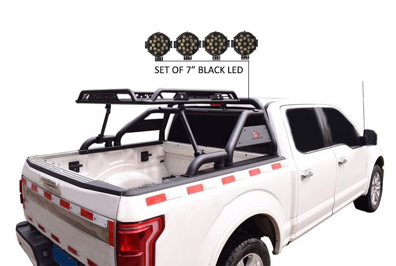 Warrior Black Horse Roll Bar incl. Pair of 7.0" Dia.LED Lights w/Black Trim Rings Compatible with 1/2 TON Trucks (GM Silverado 14+/Ford F150 15+/Dodge RAM 15+) with Full Size Cargo Basket