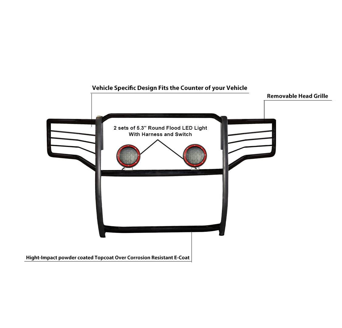 Black Horse Grille Brush Bumper Guard Black Modular Come with Pair of 5.3" Dia.LED Lights with Red Trim Rings Compatible with 2015-2023 Chevrolet Suburban |2015-2023 Chevrolet Tahoe-17GT20MA-PLFR