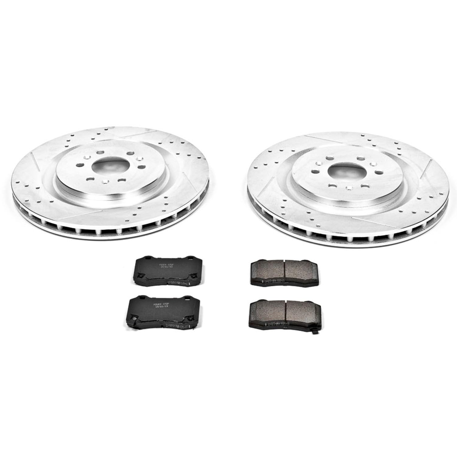 Rear Power Stop K2945 Z23 Carbon Fiber Brake Pads with Drilled & Slotted Brake Rotors Kit For Cadillac CTS 2004-2007, Cadillac STS 2005-2011 [Model Specific]