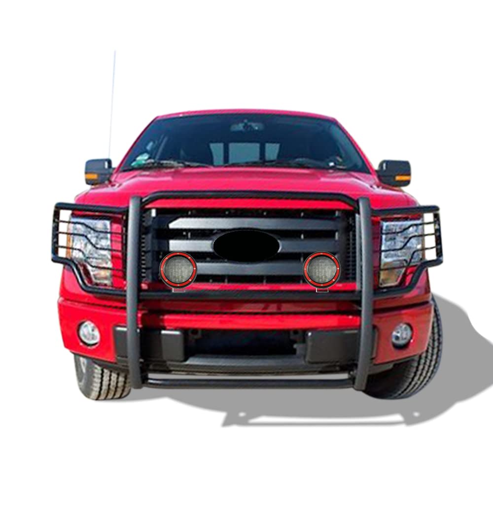 Bumper Guard Black Horse Grille Brush Modular Black Come with Pair of 5.3" Dia.LED Lights with Red Trim Rings Compatible with 2009-2014 Ford F-150-17FP30MA-PLFR