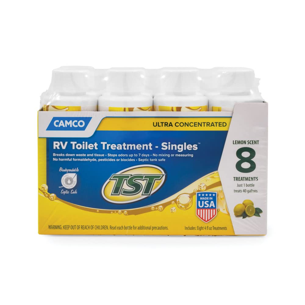 Camco TST MAX Toilet Treatment RV - Formaldehyde Free - Breaks Down Waste And Tissue - Septic Tank Safe - Treats up to 8-40 Gallon Holding Tanks -Lemon Scent, (8) 4 oz Bottles (41571)