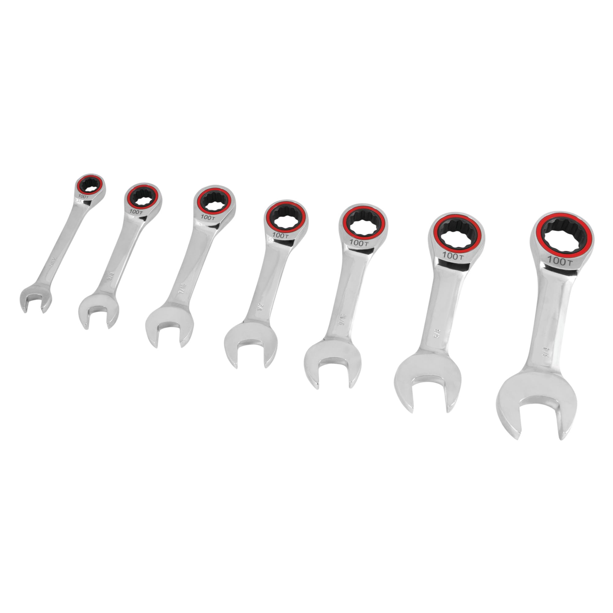 W30634 Performance Tool 7-Piece Stubby Ratcheting Combination Wrench Set with 100 Gear Teeth and Chrome Vanadium Steel Construction