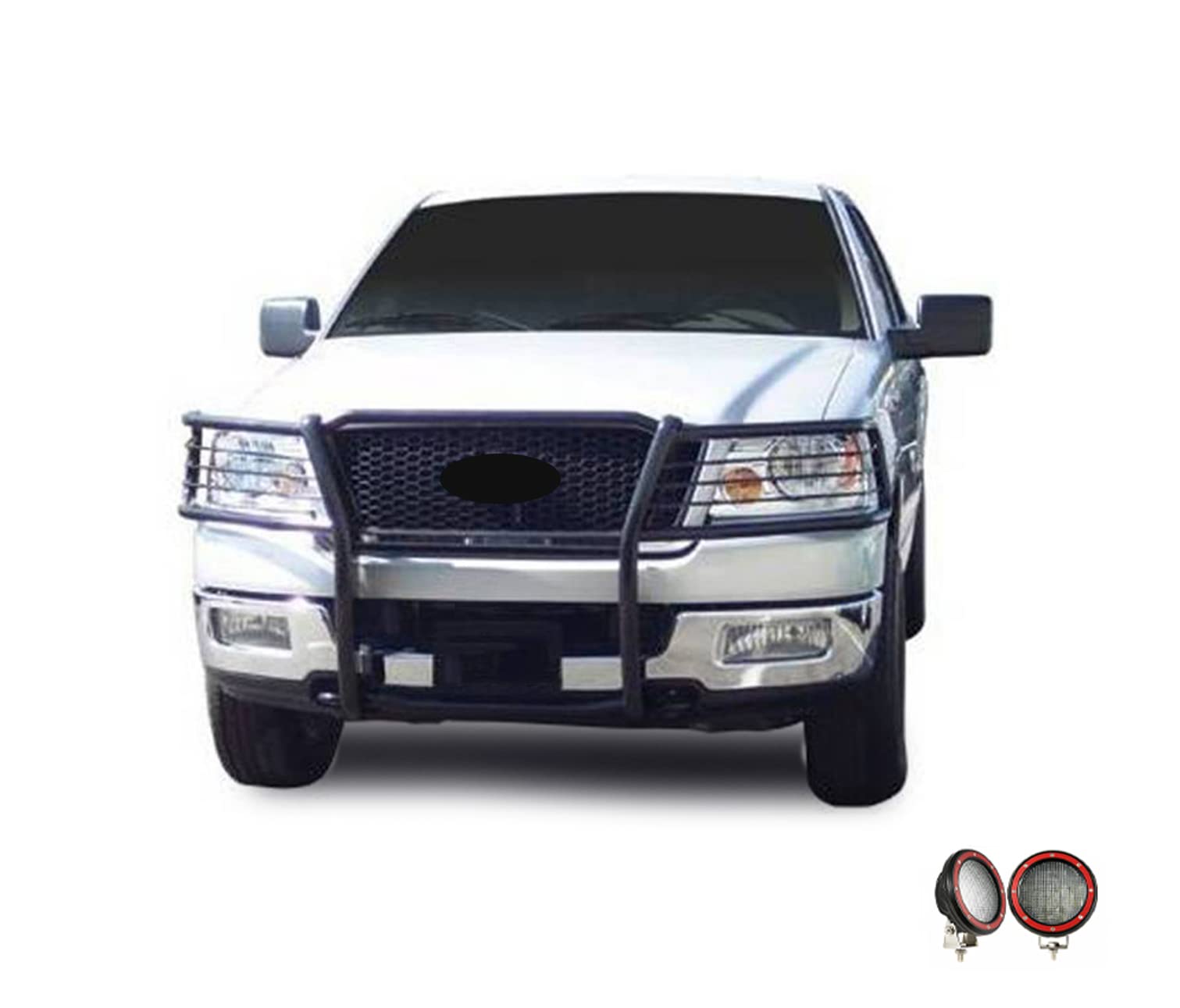 Grille Brush Black Horse Bumper Guard Modular Black Come with Pair of 5.3" Dia.LED Lights with Red Trim Rings Compatible with 2004-2008 Ford F-150-17FP28MA-PLFR