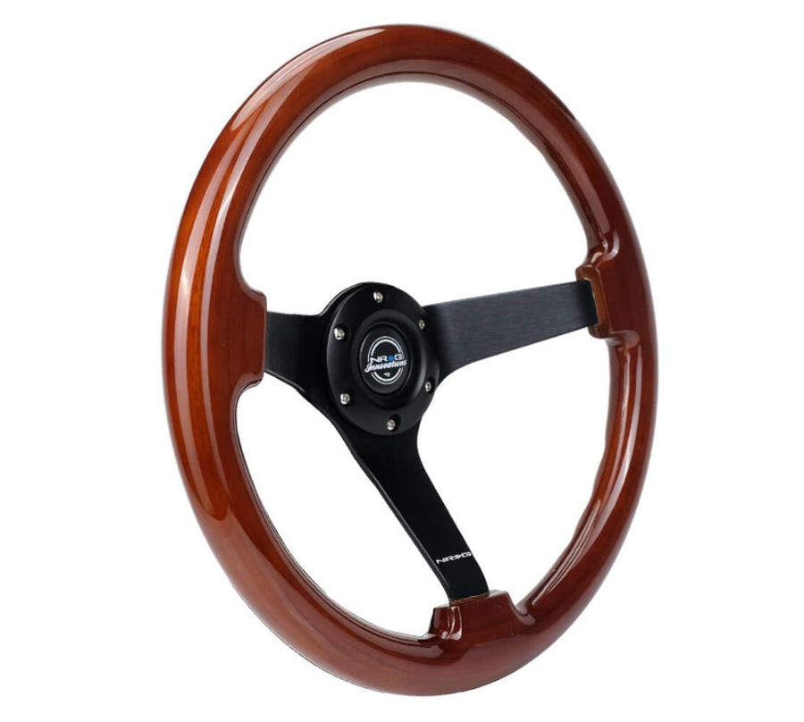 NRG Innovations Reinforced NRG-RST-036BR-BK Classic Wood Grain Steering Wheel (3" Deep), 350mm, 3 Solid Spoke Center in Black Matte Finish