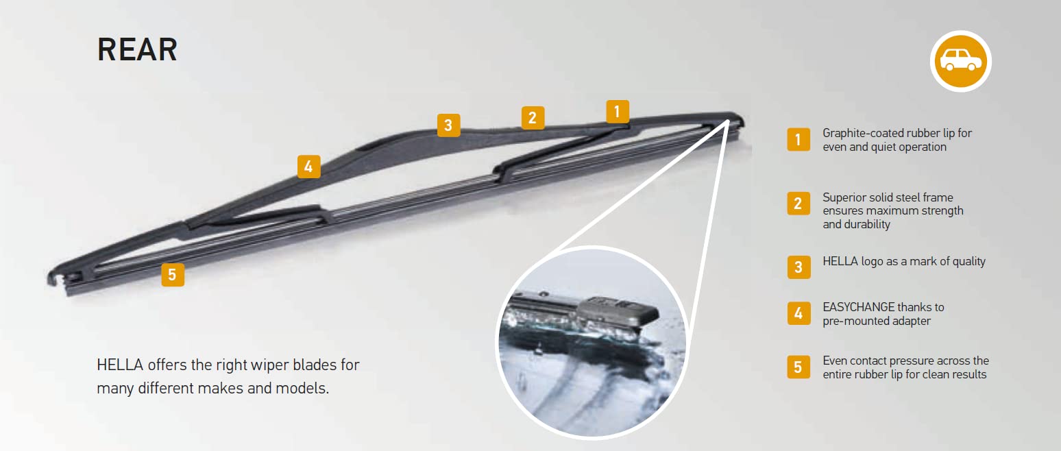 Hella 14 Inch OE Quality All Seasons Streak-Free Rubber Rear Wiper Blade fits select Acura Chrysler Dodge Ford Honda Hyundai Infiniti Isuzu Jeep Kia Mazda Mitsubishi Nissan Toyota Volvo / 398114014T