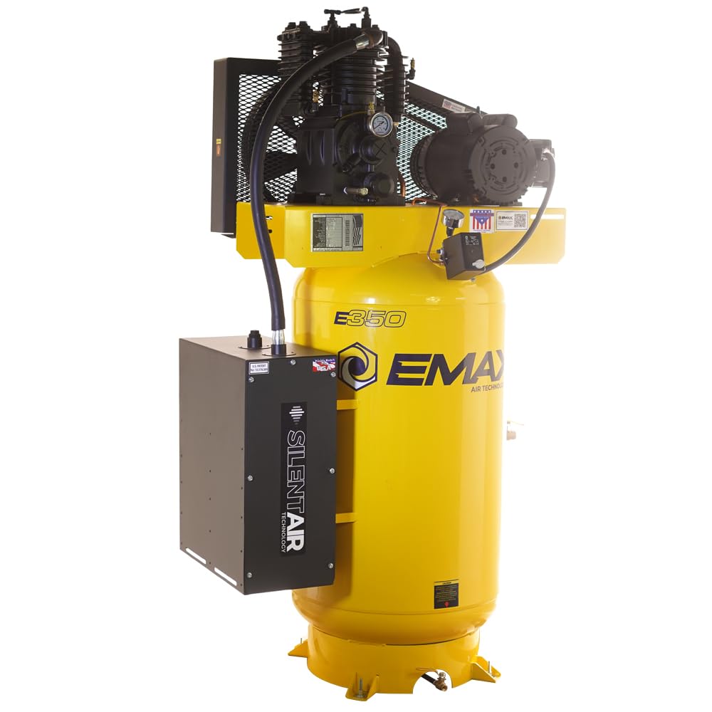 EMAX E350 Air Compressor Stationary - 5HP 80 Gal 2 Stage Silent System with Pressure Lubricated Pump, Includes Oil for First Change - ES05V080I1