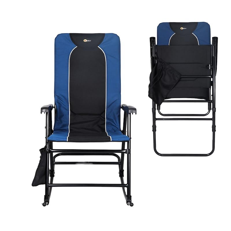Dakota Folding Rocking Chair Faulkner – Blue/Black, 42.1" x 22", 300 lb Capacity, Padded Camping Chair with Side Pouch, Lightweight Steel Frame, Folds for Easy Carry