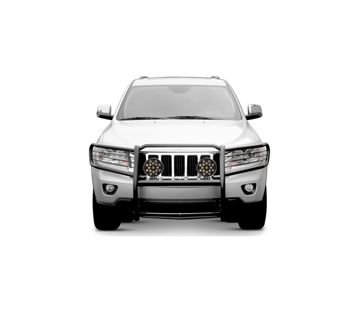 Grille Brush Black Horse Bumper Guard Modular Black Come with Pair of 7.0" Dia.LED Lights with Black Trim Rings Compatible with 2005-2010 Jeep Grand Cherokee-17A080200MA-PLB
