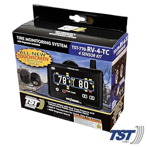 TPMS TST 770 Series - RV Tire Pressure Monitoring System with 4 Cap Sensors & 5" Color Touchscreen Monitor for Travel Trailers, Campers and Motorhomes