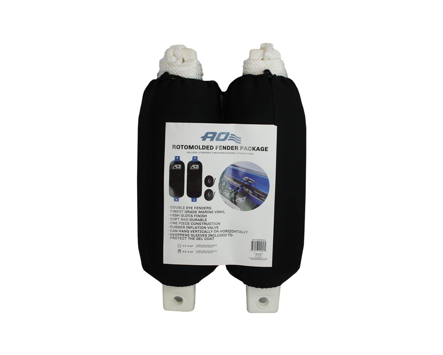 Fender Boat Bumper Kit AO Coolers Rotomolded. Includes Neoprene Sleeve Covers and Tie-Off Ropes - 2 Pack - 5.5” x 20”