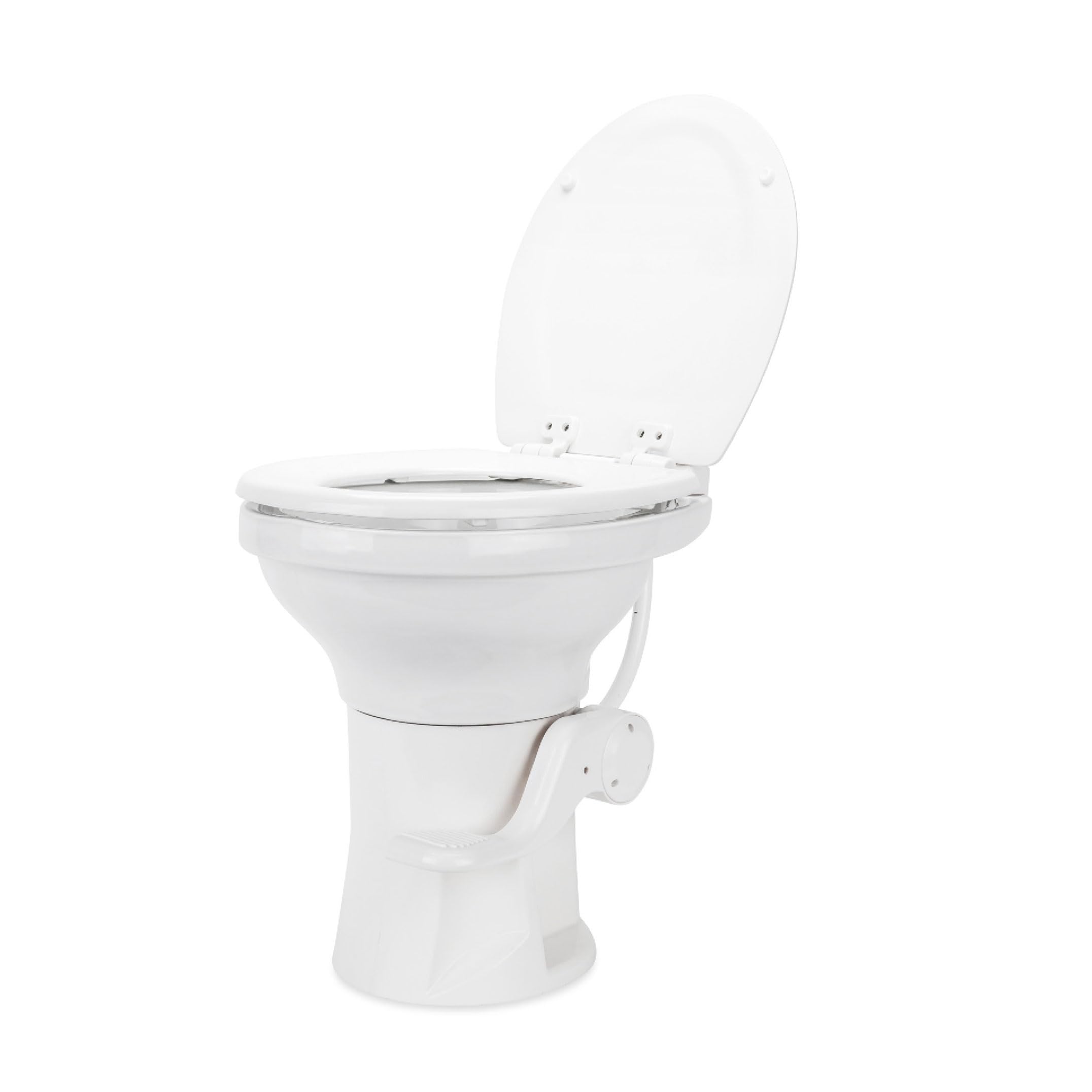 Camco Premium Camper/RV Ceramic Toilet - Features Gravity Flush System with Convenient Foot Pedal & Full-Sized Ergonomic Design with 18" Chair Height - Soft-Close Wood Seat & Lid - White (41710)