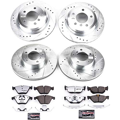 Power Stop K4104-26 Z26 Carbon Fiber Brake Pads Front and Rear with Drilled & Slotted Brake Rotors Kit and 1 Front & 1 Rear Sensor Wires For BMW 328i, BMW 328i xDr, BMW 3 [Model Specific]