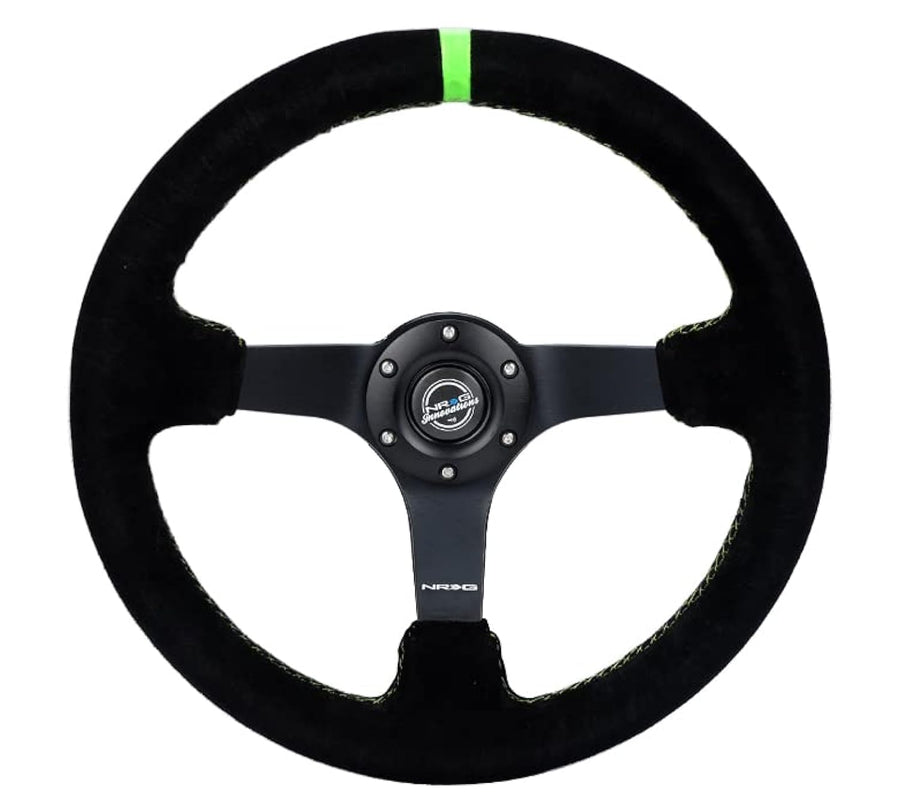 NRG Innovations Reinforced NRG-RST-036MB-S-GN Steering Wheel 3" Deep, 5mm Matte Black Spoke, 350mm, Black Suede with Neon Green Baseball Stitching/Center Mark