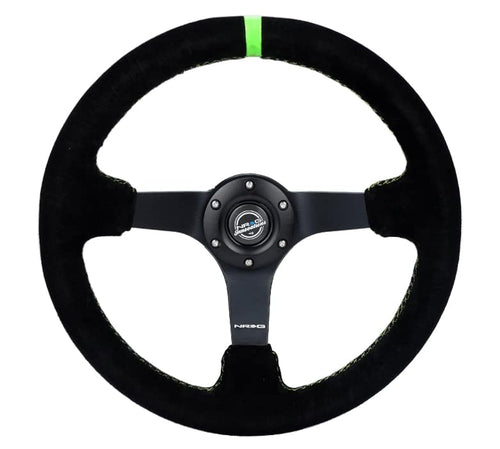 NRG Innovations Reinforced NRG-RST-036MB-S-GN Steering Wheel 3" Deep, 5mm Matte Black Spoke, 350mm, Black Suede with Neon Green Baseball Stitching/Center Mark