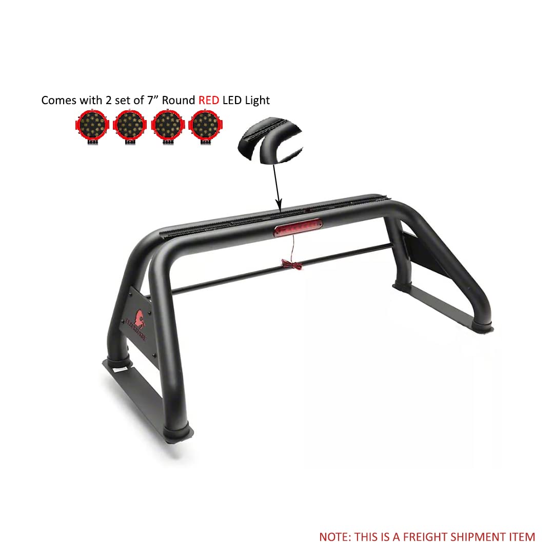 Classic Black Horse Roll Bar Incl. Pair of 7.0" Dia.led Lights w/Red Trim Rings Compatible with 99-24 Ford F-250 Super Duty|99-24 Ford F-350 Super Duty|99-24 Ford F-450 Super Duty-RB015BK-PLR