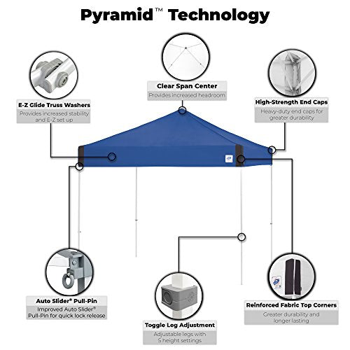 Pyramid Instant Shelter E-Z UP Canopy, 10' x 10' with Wide-Trax Roller Bag & 4 Piece Spike Set, Steel Orange