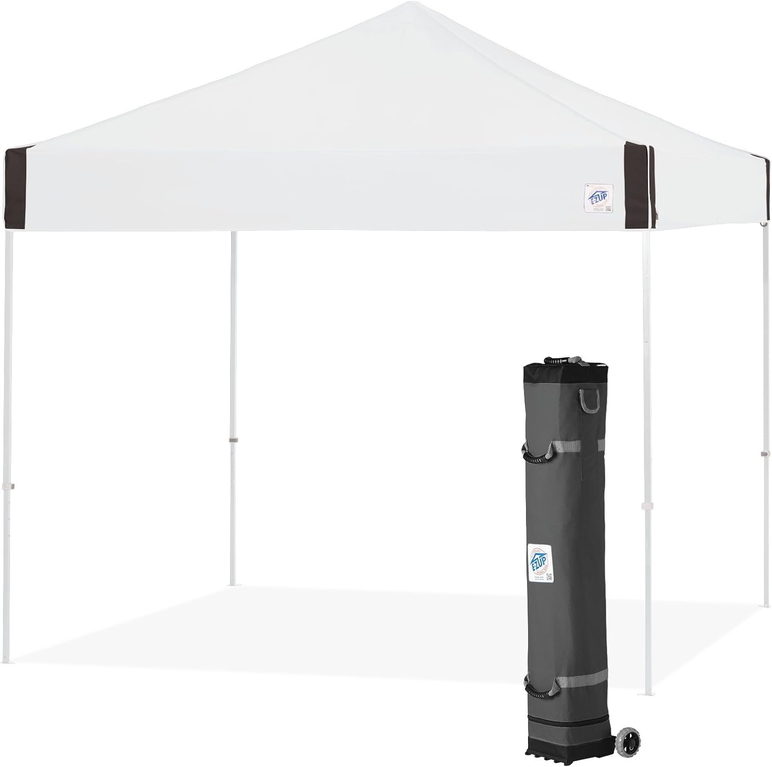 E-Z UP Instant Shelter Pyramid Canopy, 10' x 10' with Wide-Trax Roller Bag & 4 Piece Spike Set, White