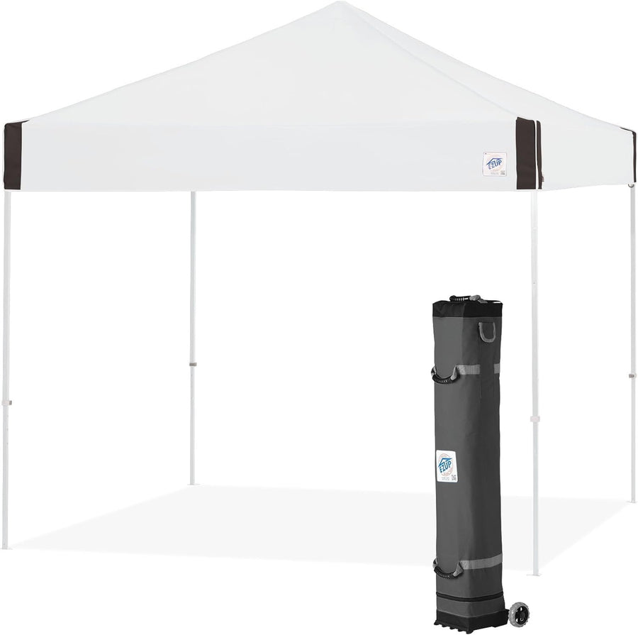 E-Z UP Instant Shelter Pyramid Canopy, 10' x 10' with Wide-Trax Roller Bag & 4 Piece Spike Set, White