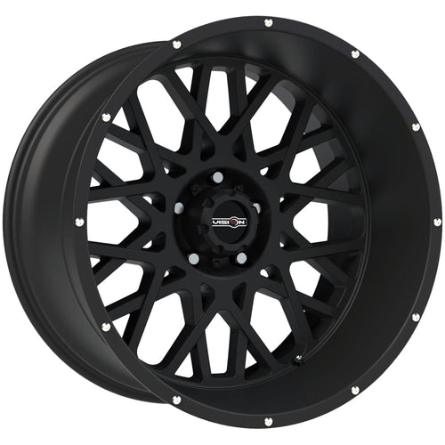 Rocker Style: Vision Off-road Wheels, 412 RWD, Finish: Satin Black w/Chrome Bolts, Wheel Size Inches: 18X9 PCD: 5-150 Load Rating lbs. 2400