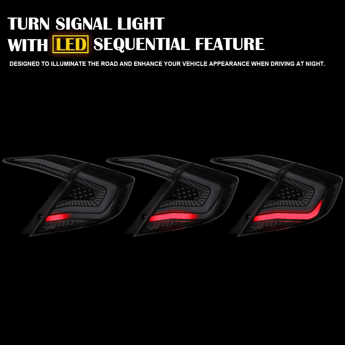 Black Tail Lights w/White LED Strips, SPEC-D TUNING Sequential LED Turn Signal, and Startup Animation Compatible with 2016-2021 Honda Civic 4-Door Sedan, Left + Right Pair Assembly