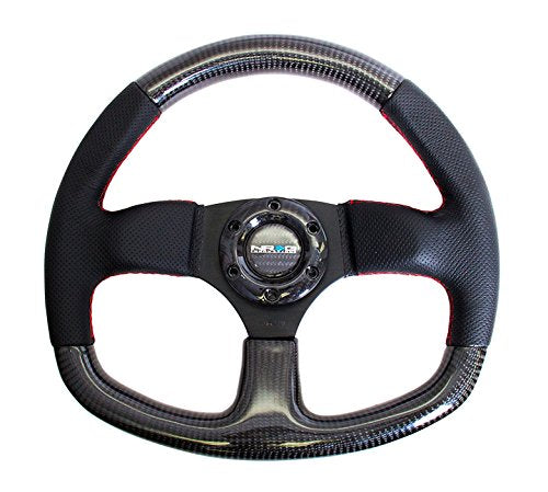 NRG Innovations Carbon Fiber NRG-ST-009CFRS Steering Wheel 320mm, Flat Bottom with Red Stitching Leather Tirm