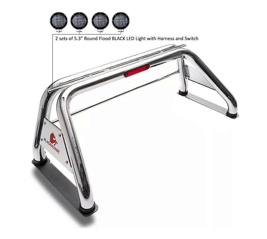 CLASSIC Black Horse Roll Bar Incl. Set of 5.3"Dia.LED Lights w/Black Trim Rings Stainless Steel Compatible with 19-24 Ram 1500 Excludes CLASSIC models-RB002SS-PLFB