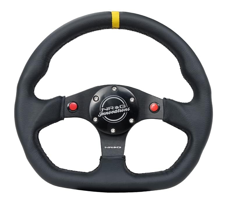NRG Innovations Reinforced NRG-RST-024D-MB-R-Y Steering Wheel 320mm Sport Leather Dual Push Buttons Flat Bottom with Yellow Center Mark