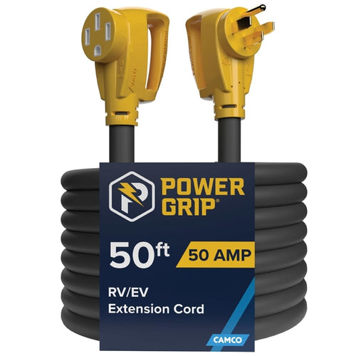 50-Ft Camco Power Grip 50 Amp RV Extension Cord - Rated for 125/250 V/12,500 W - Features Copper 6/3 + 8/1-Gauge Wires for Superior Conductivity & Coated w/Heat-Resilient PVC (55199)