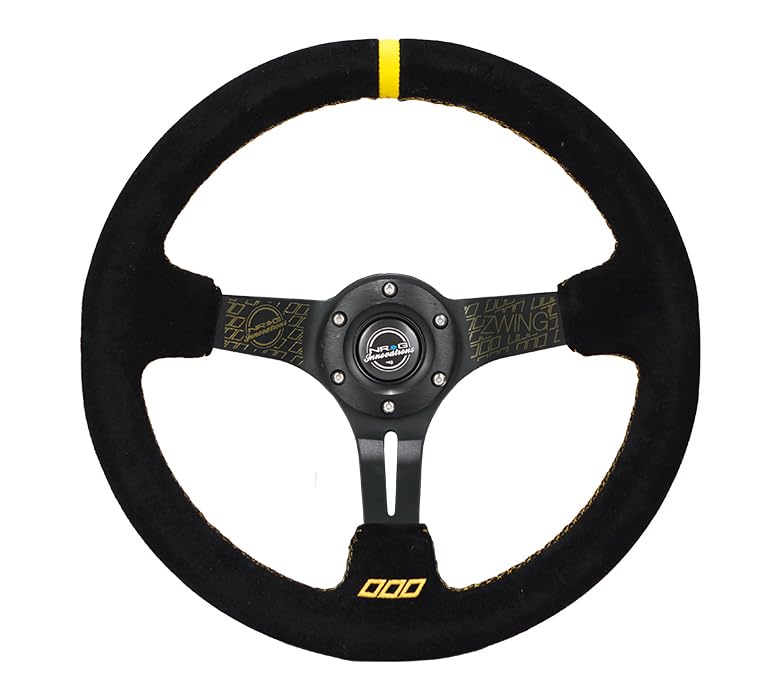 NRG Innovations Reinforced NRG-RST-018S-ZWING Steering Wheel 3" Deep, 5mm Matte Black Spoke, 350mm, Black Suede with Gold Stitching