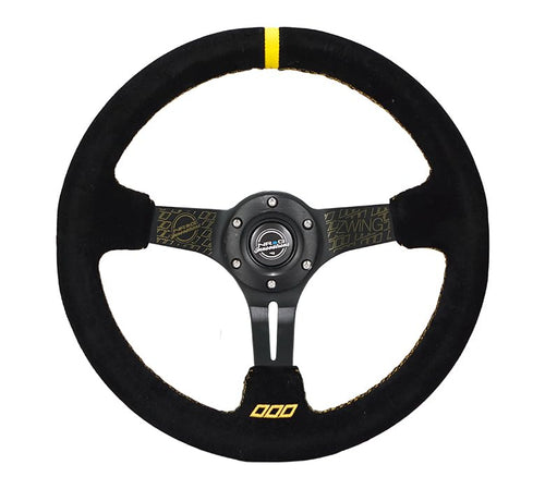NRG Innovations Reinforced NRG-RST-018S-ZWING Steering Wheel 3" Deep, 5mm Matte Black Spoke, 350mm, Black Suede with Gold Stitching