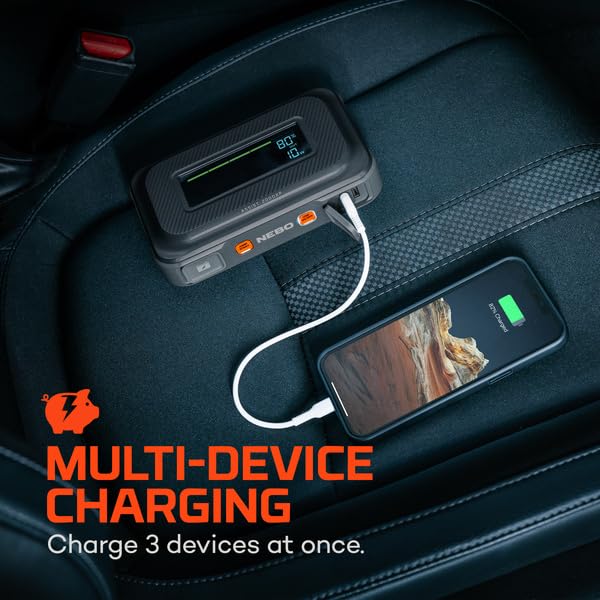 Assist 2000XP NEBO Jump Starter | 2000 Amps, 55.5Wh Power Supply, Multi-Device Charging, and Integrated Floodlight, USB Compatible, Portable Battery, Automotive, Emergency, Spark-Proof Safety