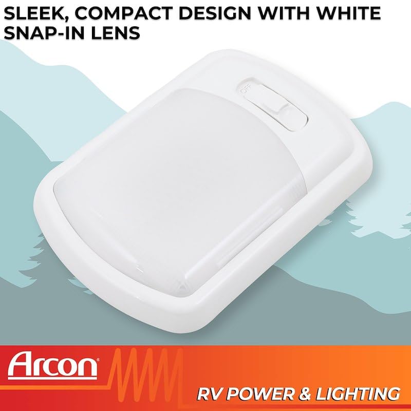 LED Ceiling Arcon Single Light 12V Euro-Style Soft White Dome Fixture with White Lens Easy On/Off Switch Compact Interior Lighting for RV Camper Trailer Arcon 20713N