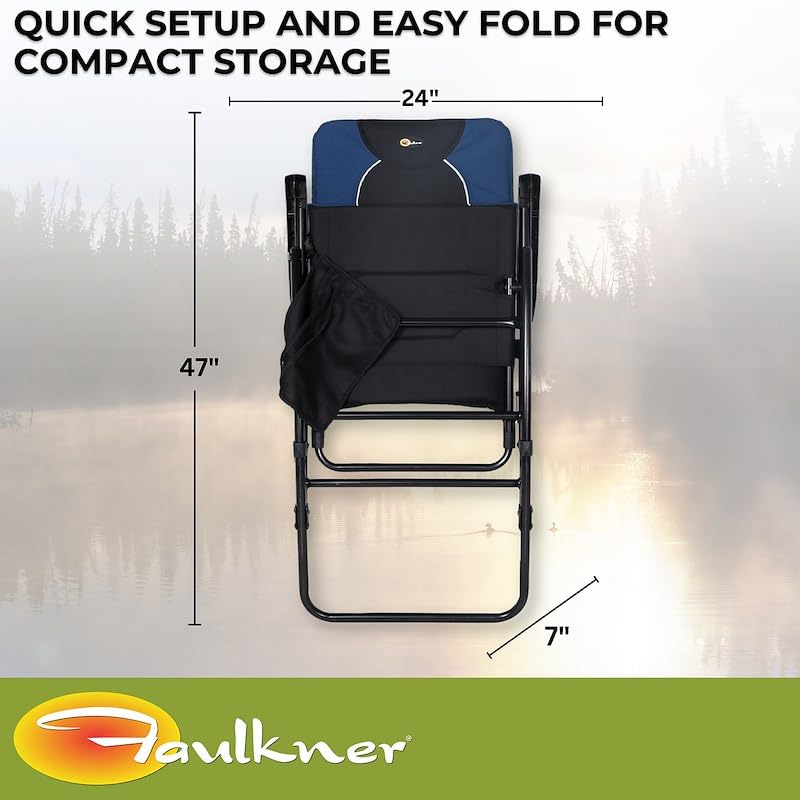 Dakota Folding Rocking Chair Faulkner – Blue/Black, 42.1" x 22", 300 lb Capacity, Padded Camping Chair with Side Pouch, Lightweight Steel Frame, Folds for Easy Carry