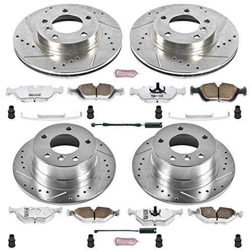 Power Stop K500-26 Z26 Carbon Fiber Brake Pads Front and Rear with Drilled & Slotted Brake Rotors Kit and 1 Front & 1 Rear Sensor Wires For BMW Z3 1997-2002 [Model Specific]