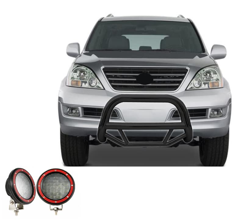 Max Bull Bar Black Horse Incl. Pair of 5.3" Dia.LED Lights w/Red Trim Rings No Skid Plate Compatible with 2003-2009 Lexus GX470|2003-2009 Toyota 4Runner-MBB-TOF7007-PLFR
