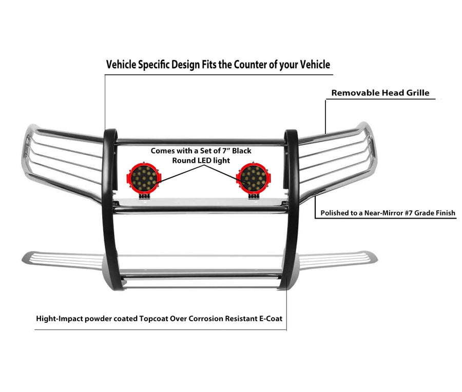 Bumper Guard Black Horse Grille brush Modular Stainless Steel Come With pair of 7.0"Dia.LED Lights with Red Trim Rings Compatible with 2016-2023 Toyota Tacoma-17A096402MSS-PLR