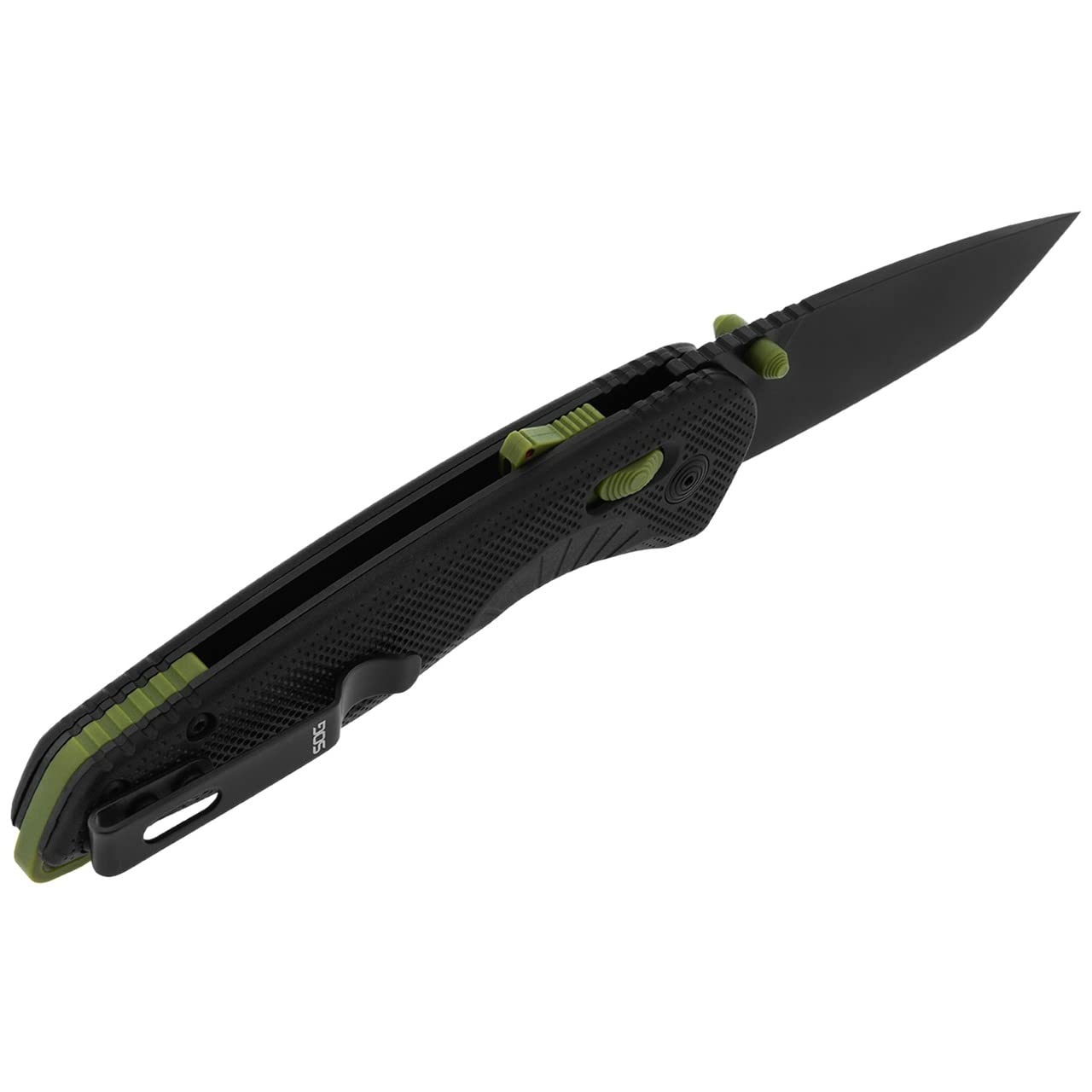 SOG Aegis Tanto Outdoor Pocket Folding Opening Knife, Ambidextrous at-XR Lock with Ergonomic Handle, D2 Steel Blade, Built-in Blade Locking Safety and Spine-Mounted Safety System, Black & Moss