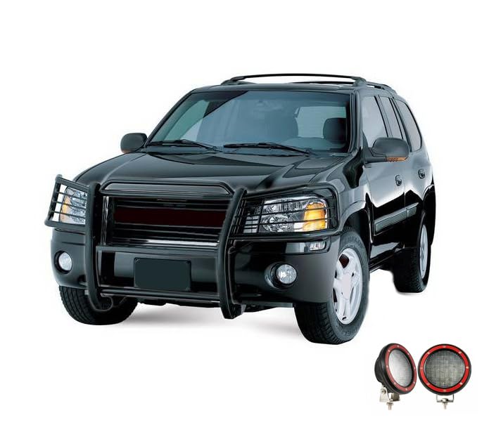 Bumper Guard Black Horse Grille Brush Modular Black Come with Pair of 5.3" Dia.LED Lights with Red Trim Rings Compatible with 2002-2006 GMC Envoy|2002-2006 GMC Envoy XL-17GD26MA-PLFR