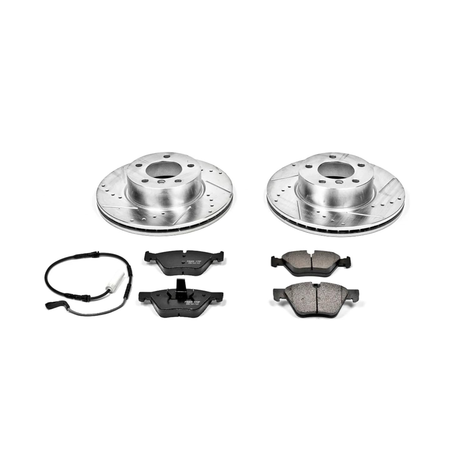 Power Stop K4590 Z23 Carbon Fiber Brake Pads Front with Drilled & Slotted Brake Rotors Kit and 1 Front Sensor Wire For BMW 328i 2007, BMW 328xi 2007 [Model Specific]
