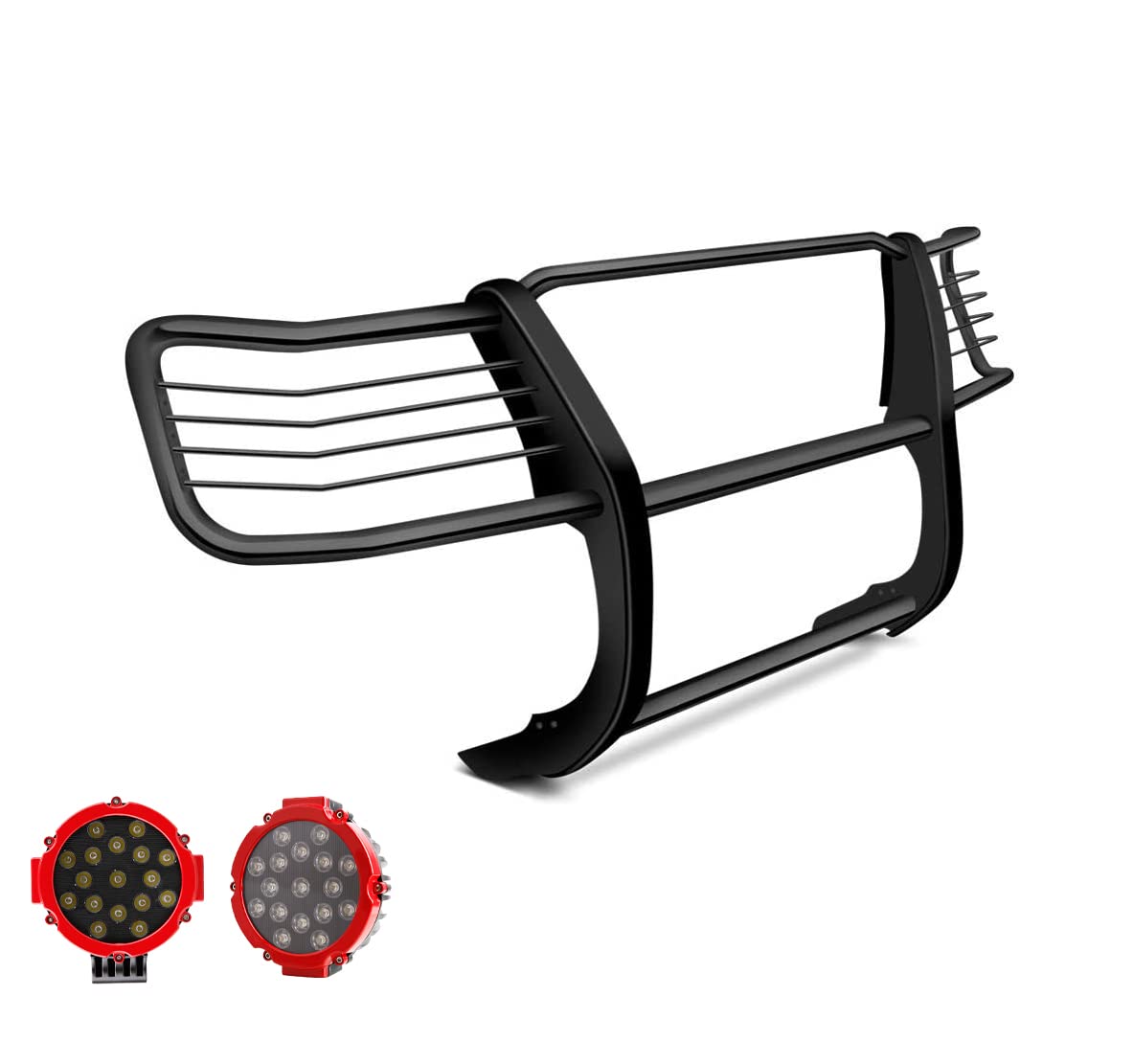 Grille Brush Black Horse Bumper Guard Modular Black Come with Pair of 7.0" Dia.LED Lights with Red Trim Rings Compatible with 2004-2006 Toyota Tundra-17TS27MA-PLR